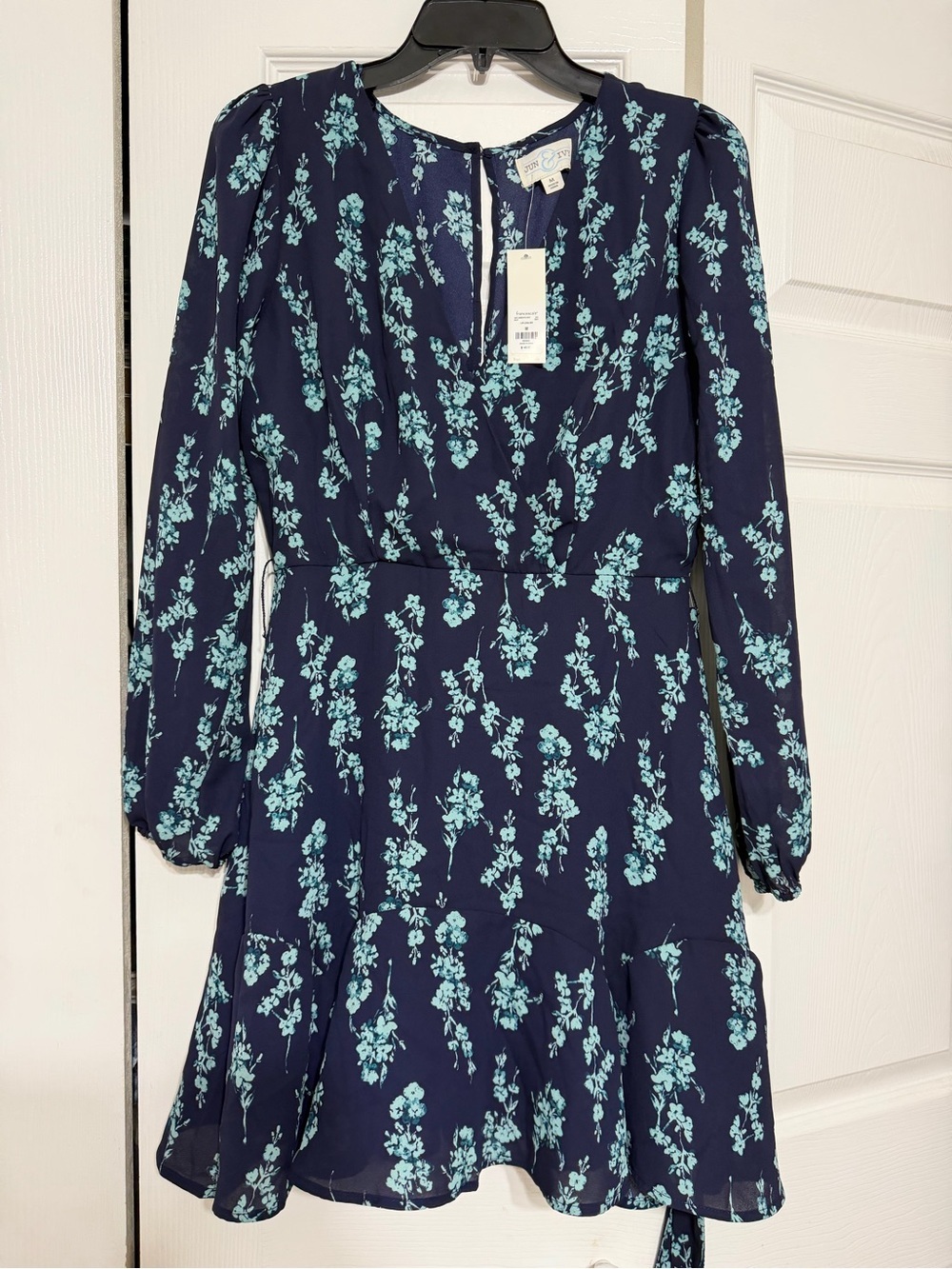 Jun & Ivy navy blue floral mini dress long sleeves size M